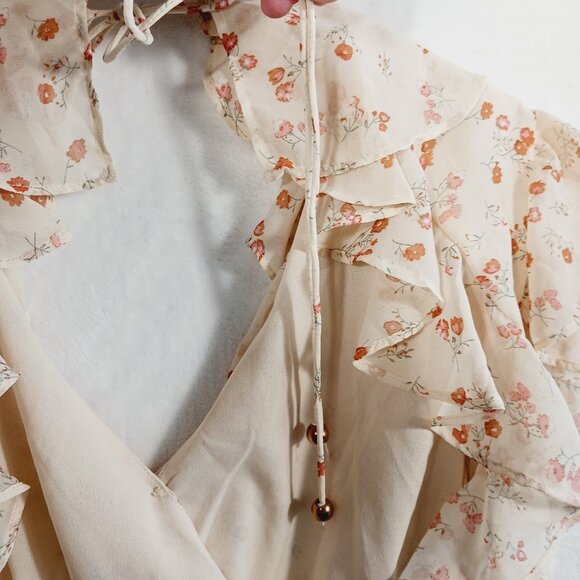 Sabo Skirt, Mini Dress, Ruffled, Open Back, Cream/Orange Floral, Size Medium - Picture 6 of 16